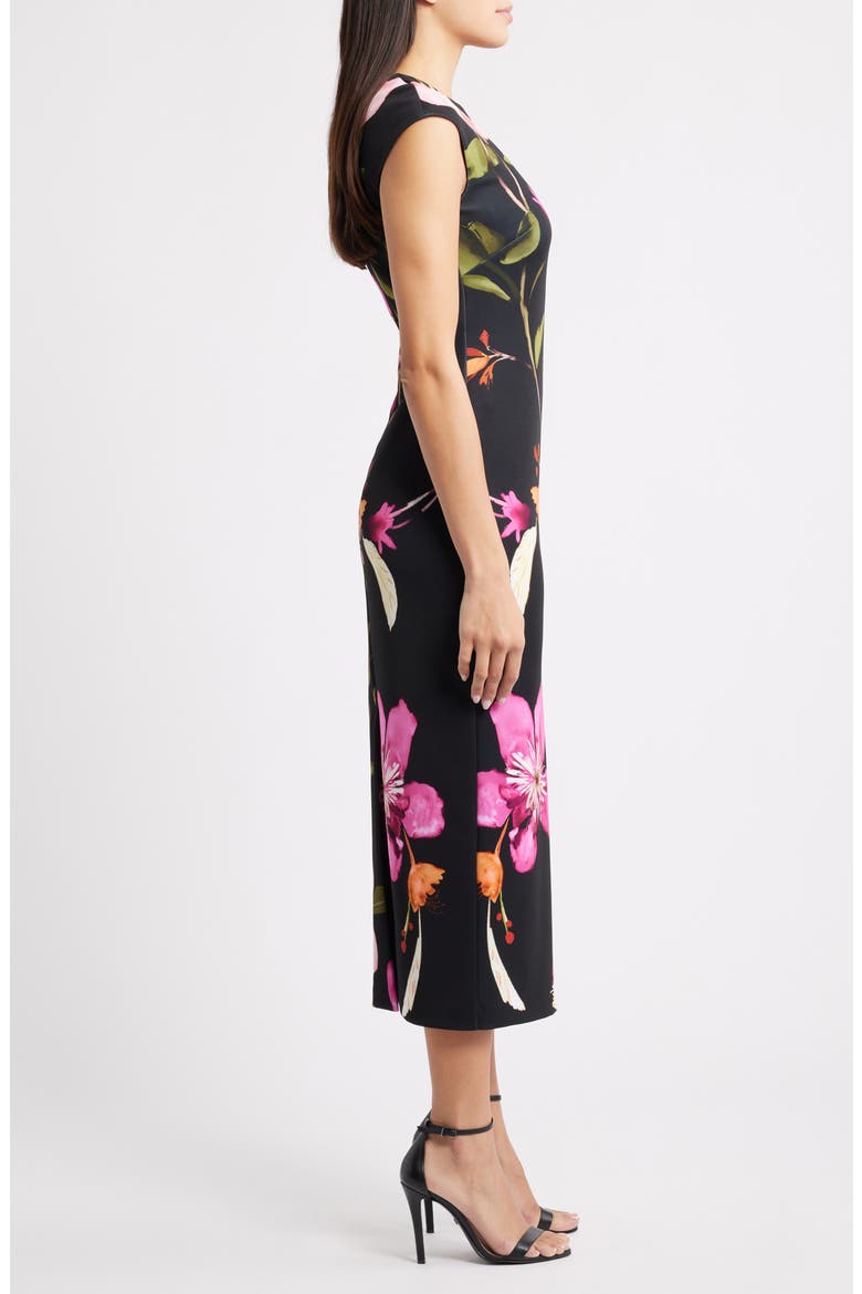 Floral Cap Sleeve Sheath Midi Dress, Alternate, color, BLACK