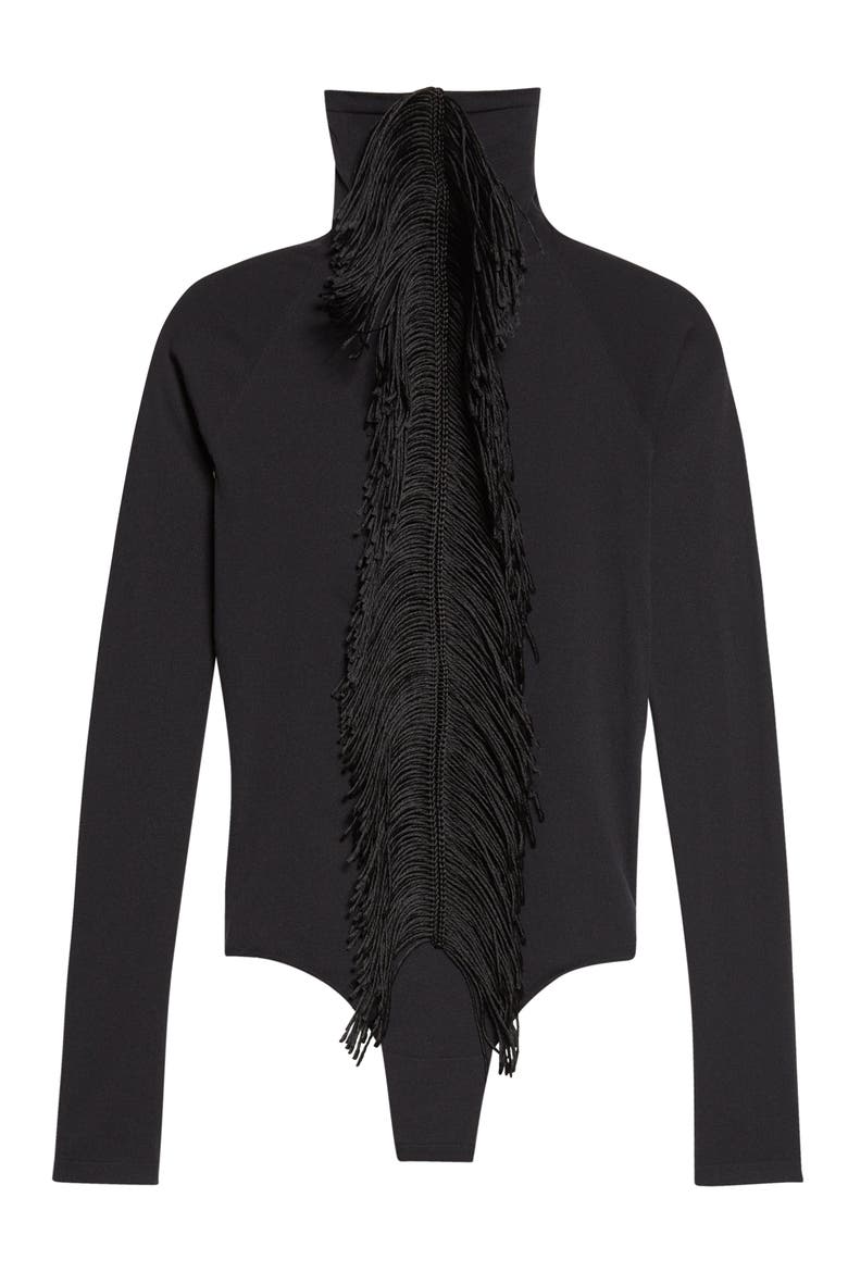 Fringed Long Sleeve Funnel Neck Bodysuit, Main, color, NOIR ALAIA