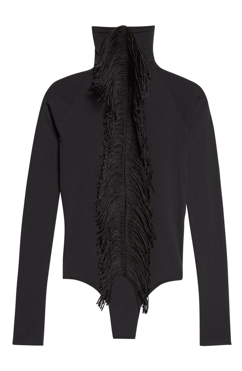 Alaïa Fringed Long Sleeve Funnel Neck Bodysuit, Main, color, Noir Alaia