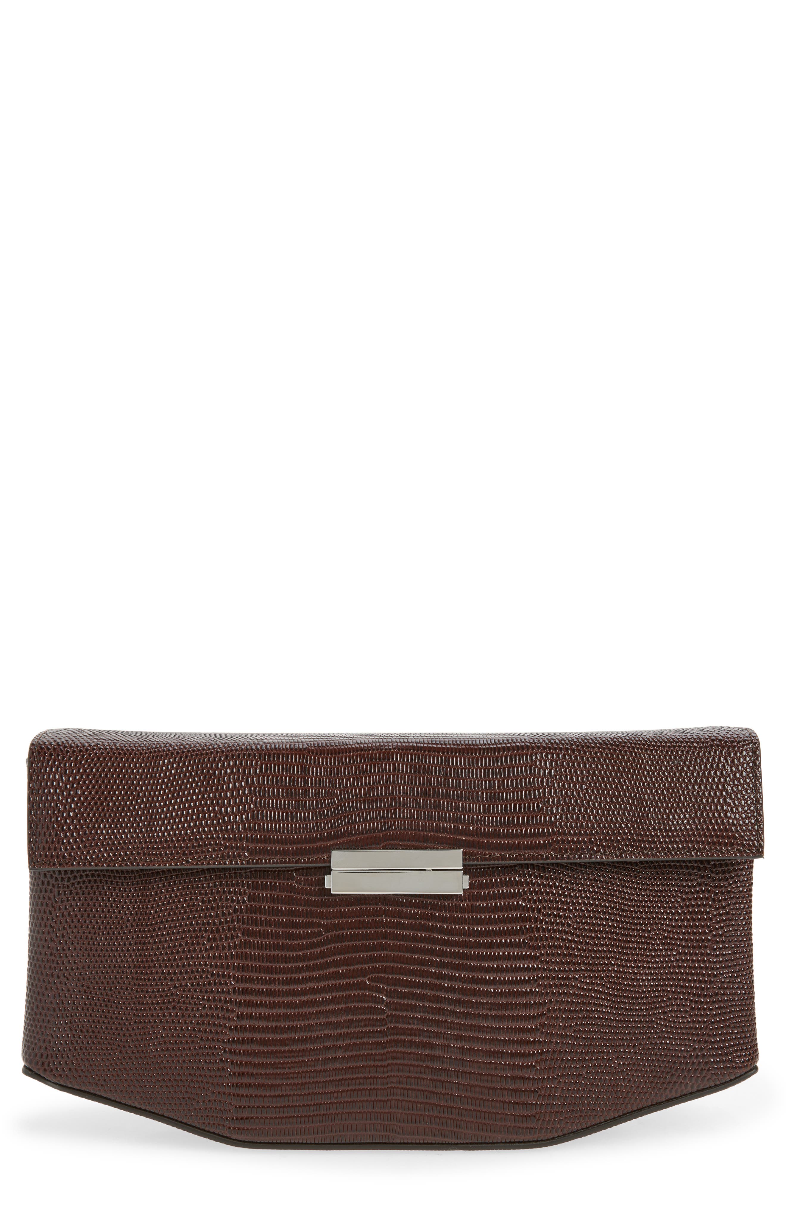 Clip Lizard Embossed Leather Bag, Main, color, BROWN