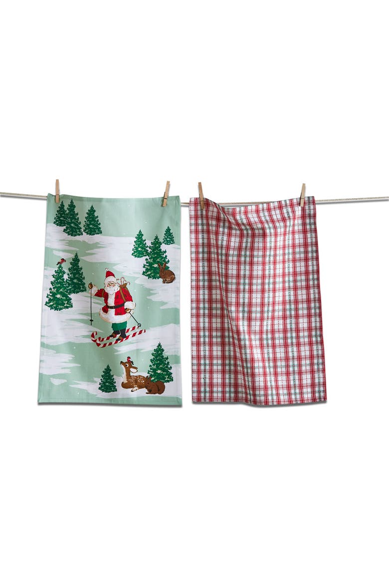 Skiing Santa Dishtowel Set of 2 - Colorful Cotton Towels, Main, color, Green
