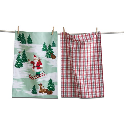 Skiing Santa Dishtowel Set of 2 - Colorful Cotton Towels