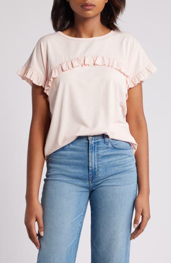 Caslon Ruffle Trim Top in White at Nordstrom Rack Size Small