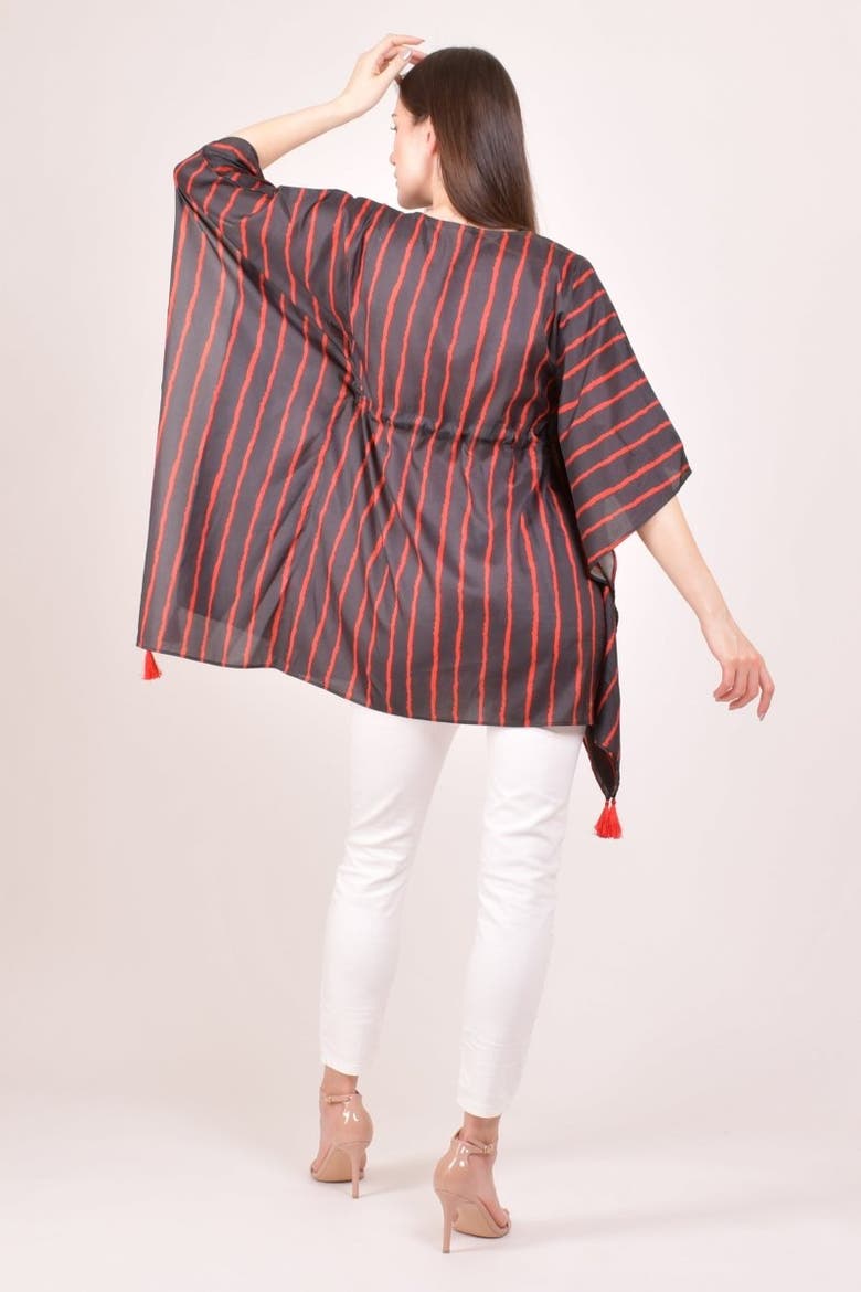 Floral Embroidered Stripe Drawstring Kaftan Top, Alternate, color, Black