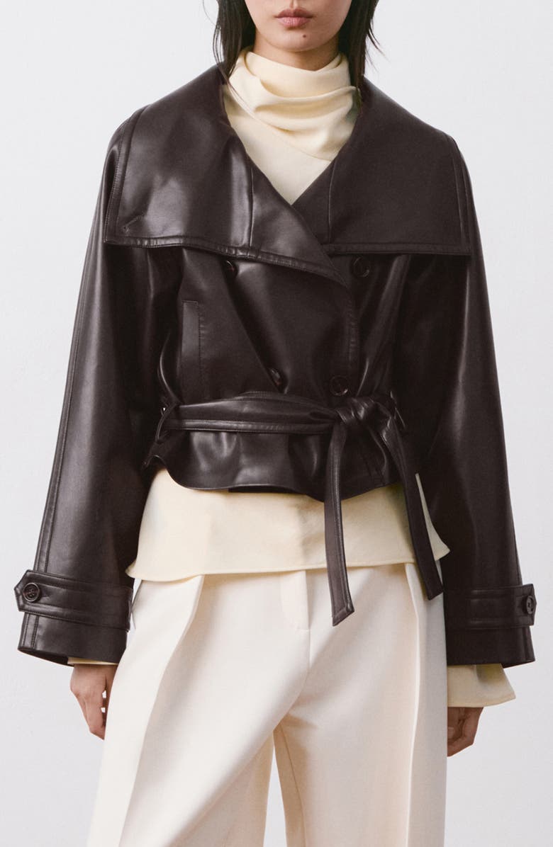 MANGO Faux Leather Belted Jacket, Main, color, Maroon