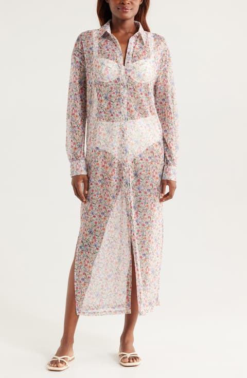 Long Sleeve Sheer Cover-Up Shirtdress