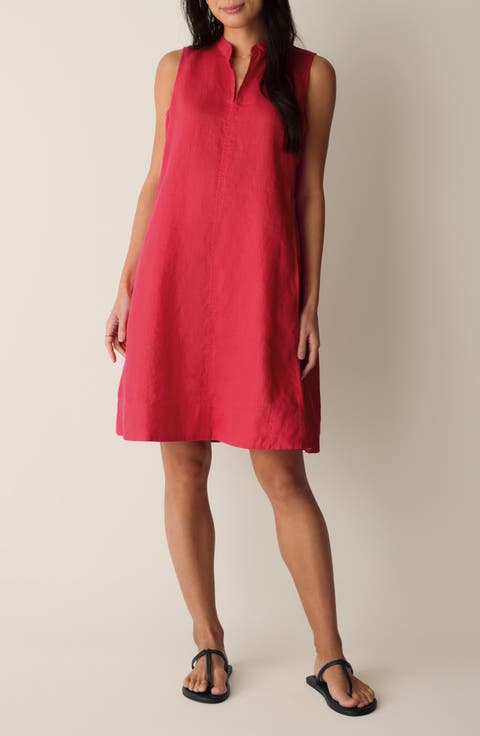 Split Neck Organic Linen Shift Dress (Petite)