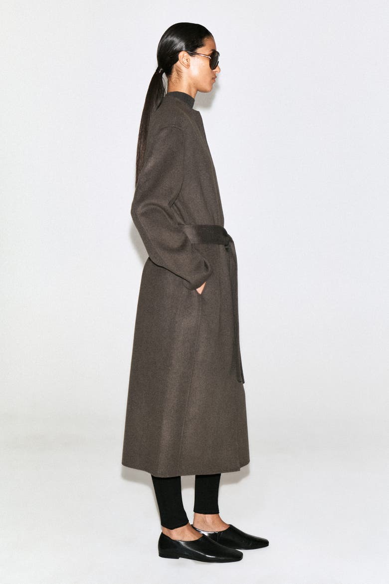 Belted Double-Faced Wool-Blend Long Coat, Alternate, color, BROWN