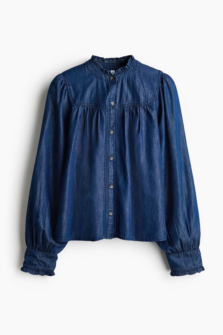 Frill-trimmed Denim Blouse, Alternate, color, Dark denim blue