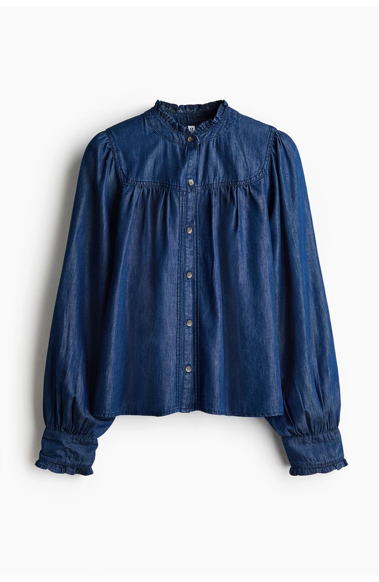 H&M Frill-trimmed Denim Blouse, Main, color, Dark Denim Blue