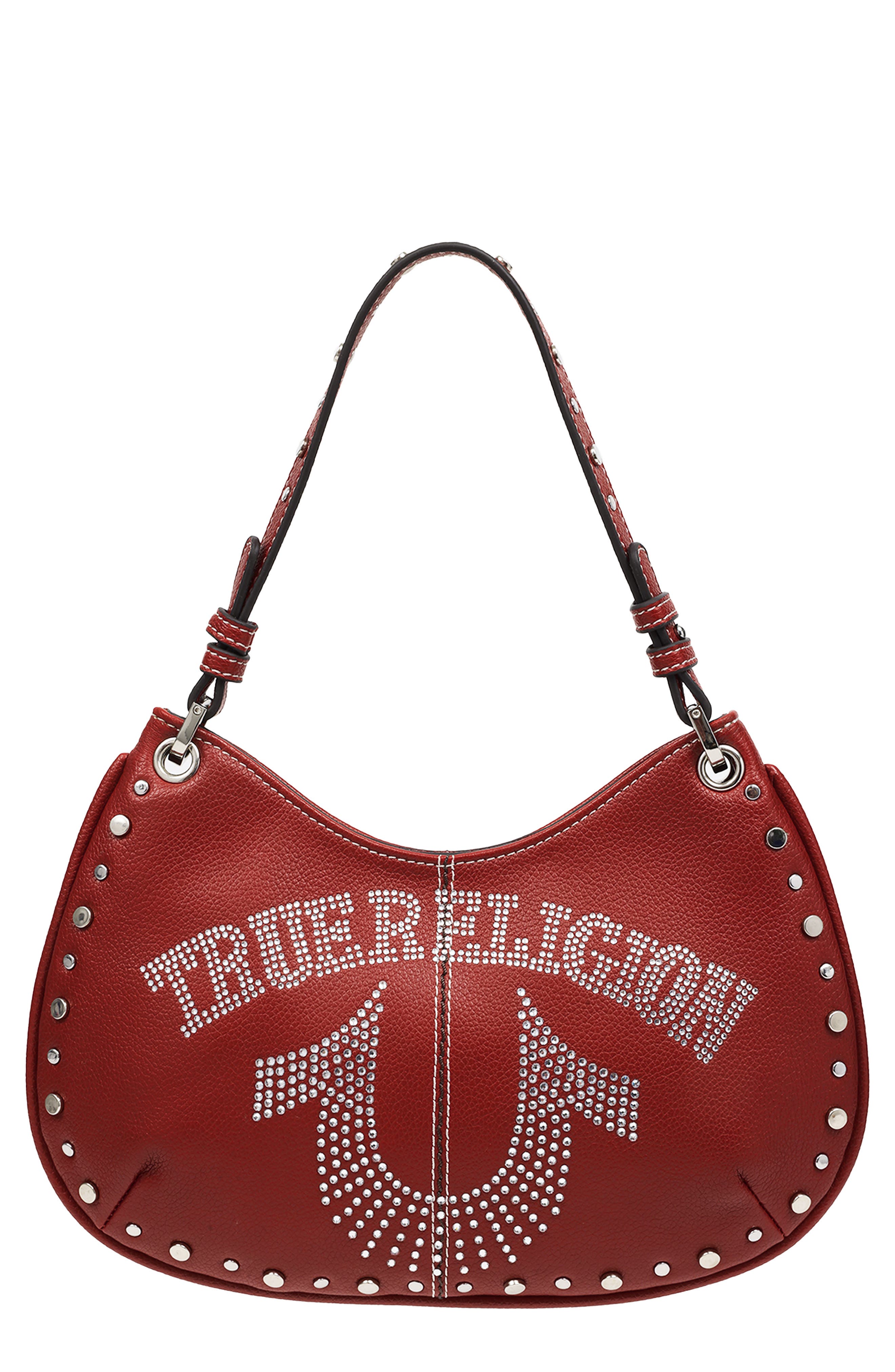 Studded Horseshoe Shoulder Bag, Main, color, RED