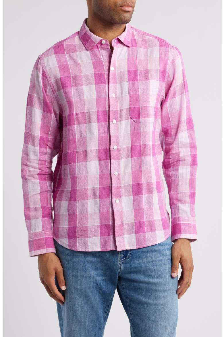 Barbados Breeze Beach Day Check Stretch Linen Button-Up Shirt, Main, color, FESTIVAL