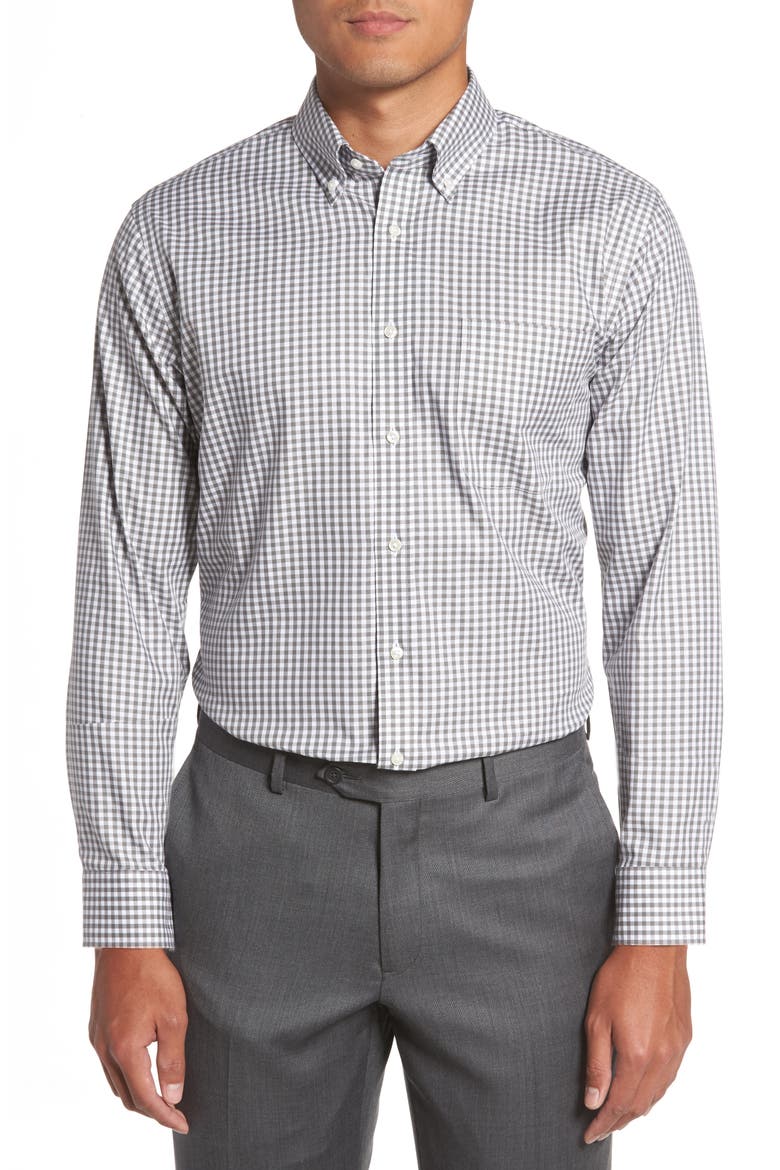 Trim Fit Non-Iron Gingham Dress Shirt, Main, color, GREY- CASTLEROCK