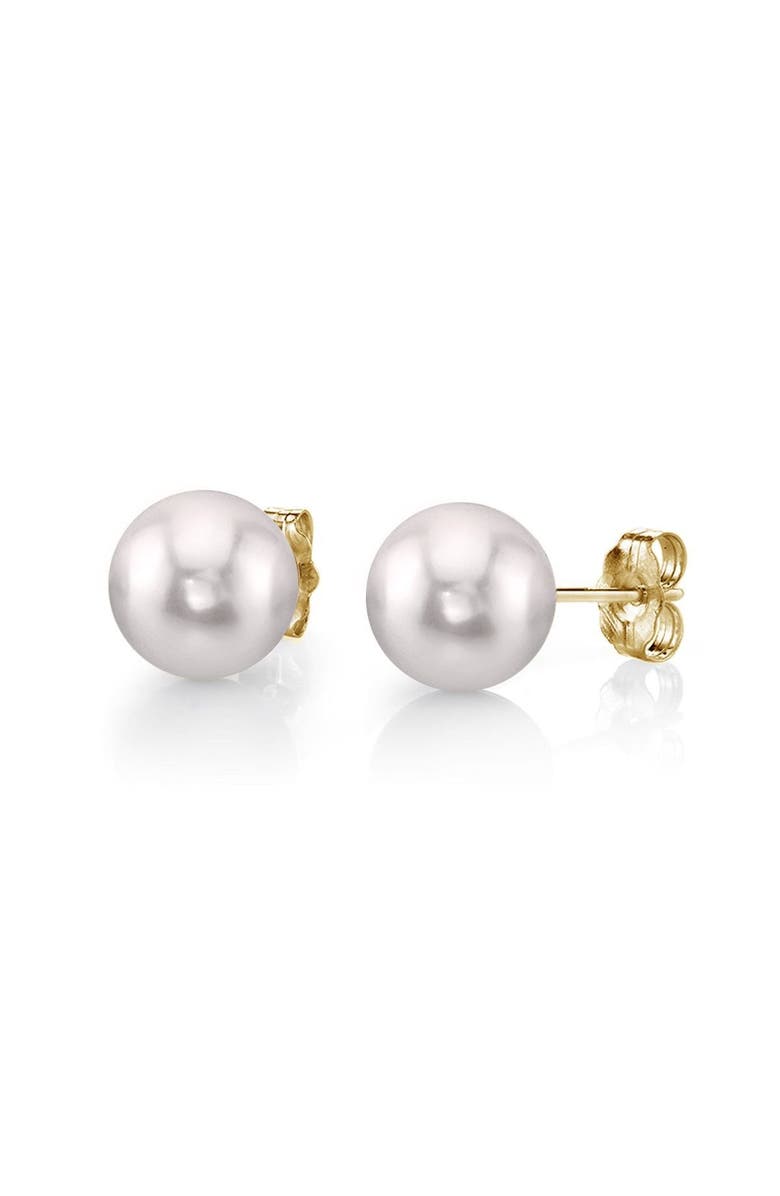 The Pearl Source Akoya Round Pearl Stud Earrings 9-9.5mm, Main, color, White Pearl - Yellow Gold