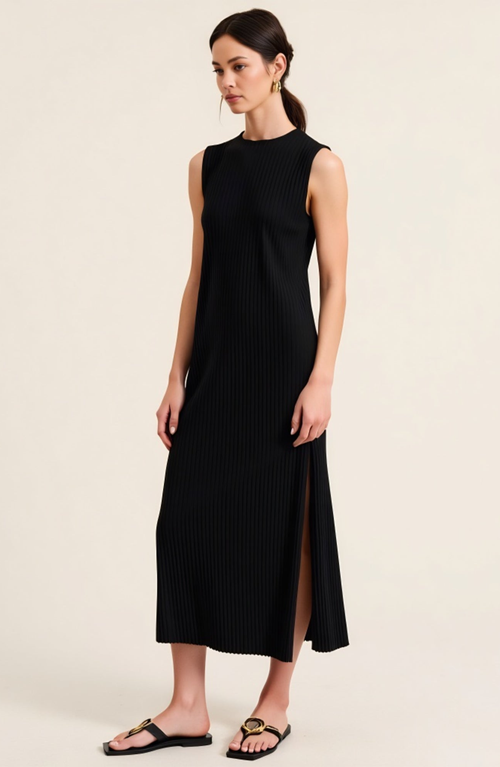 Modenaire Sleeveless Ribbed Knit Midi Dress With Side Slit And Crew Neckline In Black
