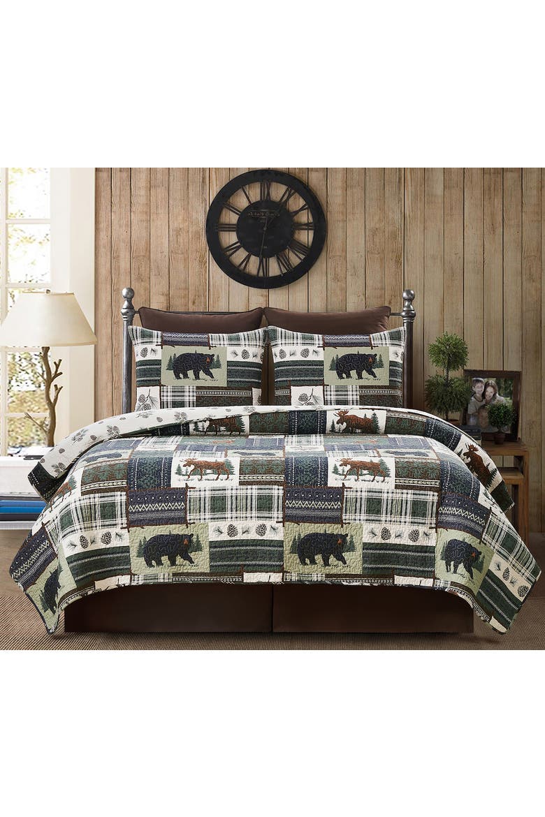 Greenstone Pines Bedding Quilt Set, Alternate, color, Brown