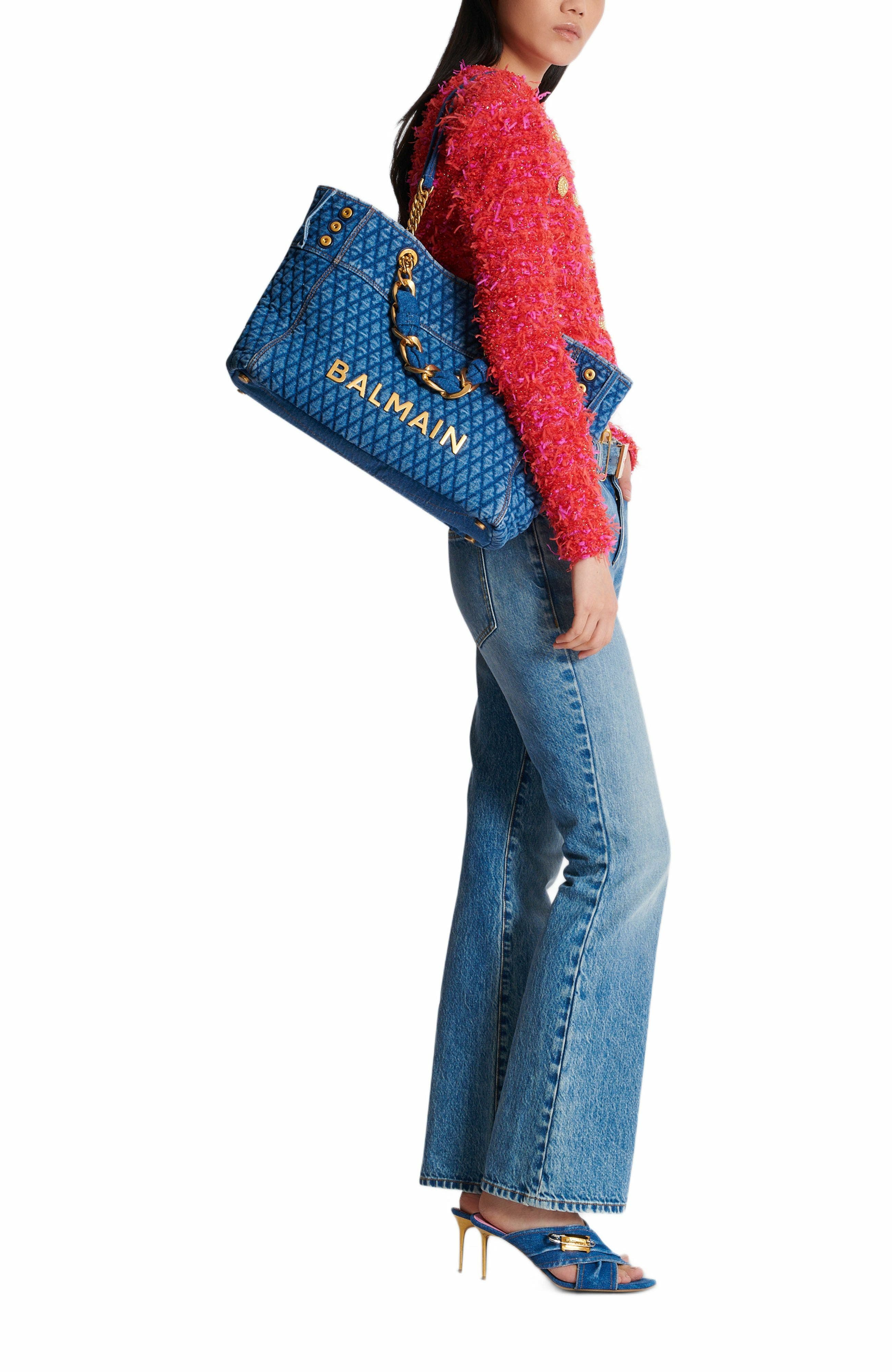 Balmain 1945 Soft Tote Bag In Diamond-Quilted Denim, Alternate, color, 