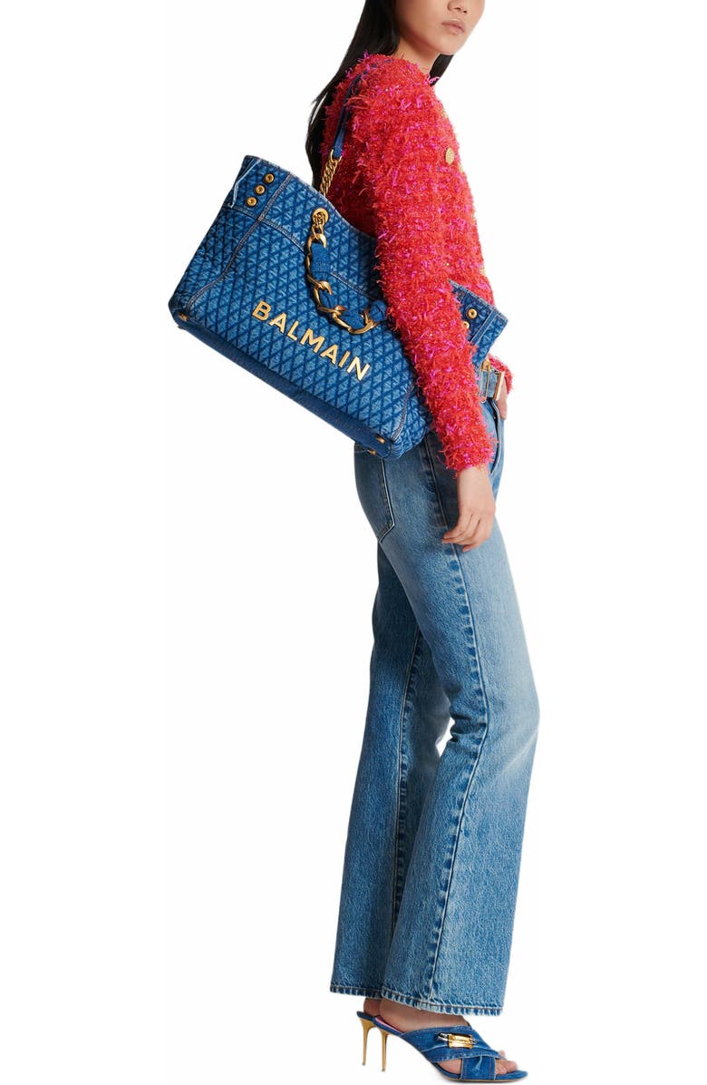 Balmain 1945 Soft Tote Bag In Diamond-Quilted Denim, Alternate, color,