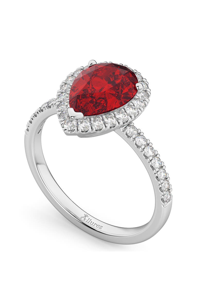 Pear Cut Halo Ruby & Diamond Engagement Ring 14K, Alternate, color, 3.01ct/White Gold