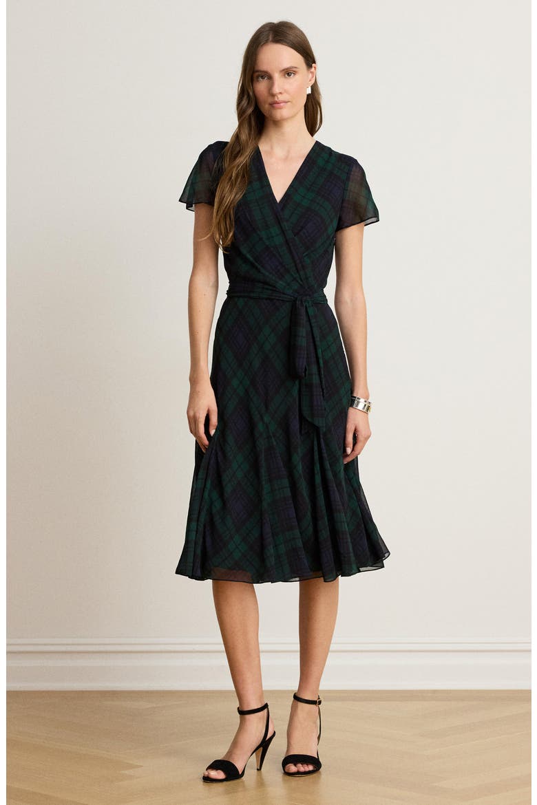 Plaid Georgette Wrap Dress, Alternate, color, NAVY BLUE