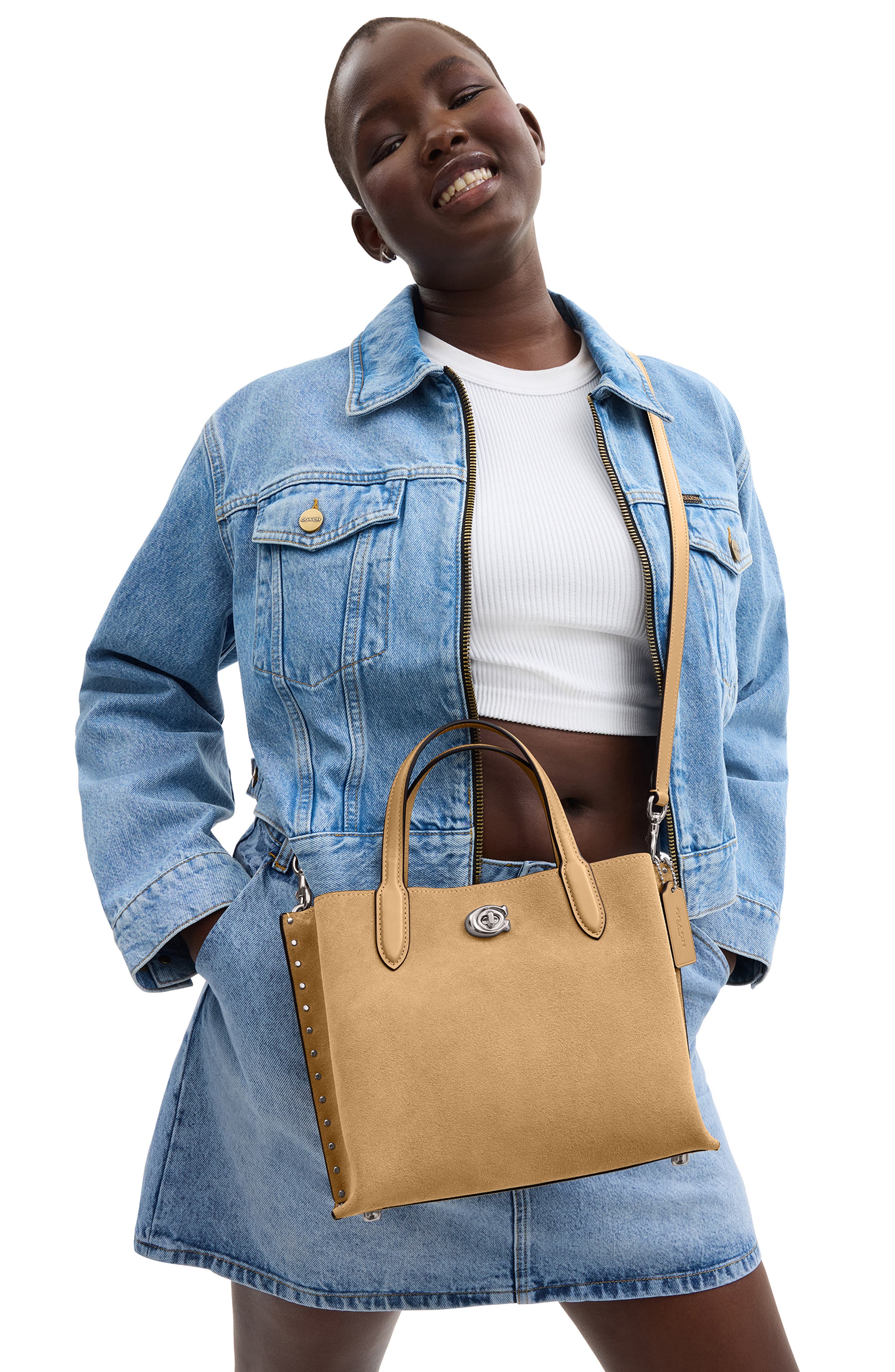 COACH Studded Mixed Leather Tote, Alternate, color, 