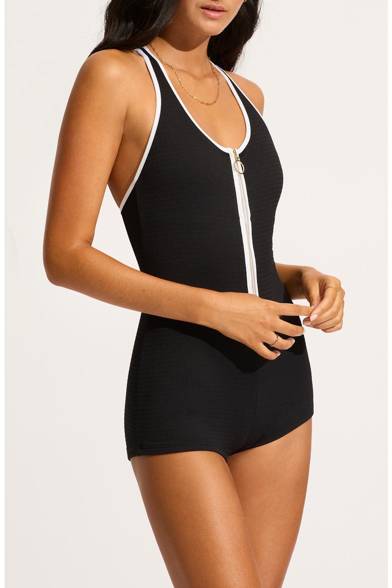 Retro Boyleg Zip-Up One-Piece Swimsuit, Alternate, color, BLACK