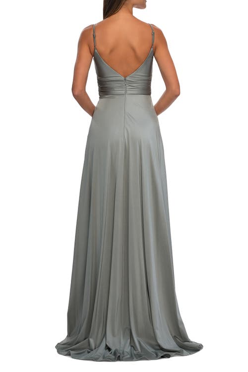 La Femme Versatile Long Jersey Gown With V And Slit In Silver