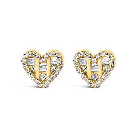 Silver 1/2 Cttw Round and Baguette Diamond Composite Heart Shaped Stud Earring