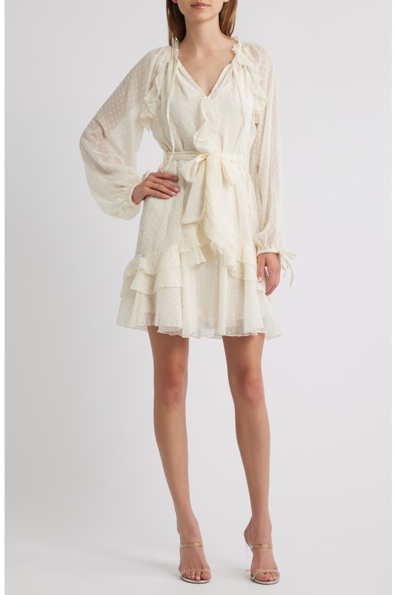 Dotty Ruffle Tie Waist Long Sleeve Dress, Main, color, NEUTRAL