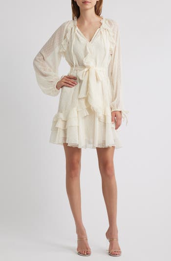 Lipsy Dotty Ruffle Tie Waist Long Sleeve Dress | Nordstrom