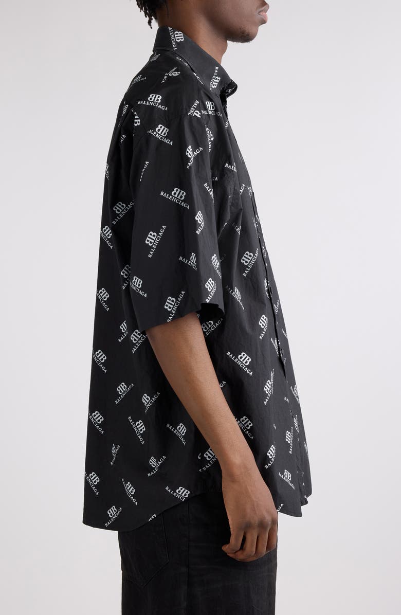 Balenciaga BB Monogram Oversize Short Sleeve Cotton Button-Down Shirt, Alternate, color, 1070 Black/ White