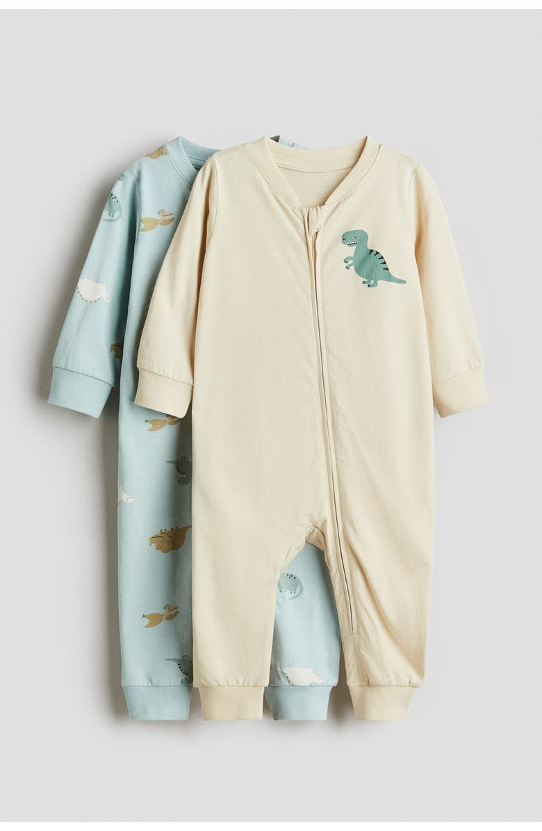 H&M 2-pack Cotton Sleepsuits, Main, color, Light Blue/Dinosaurs