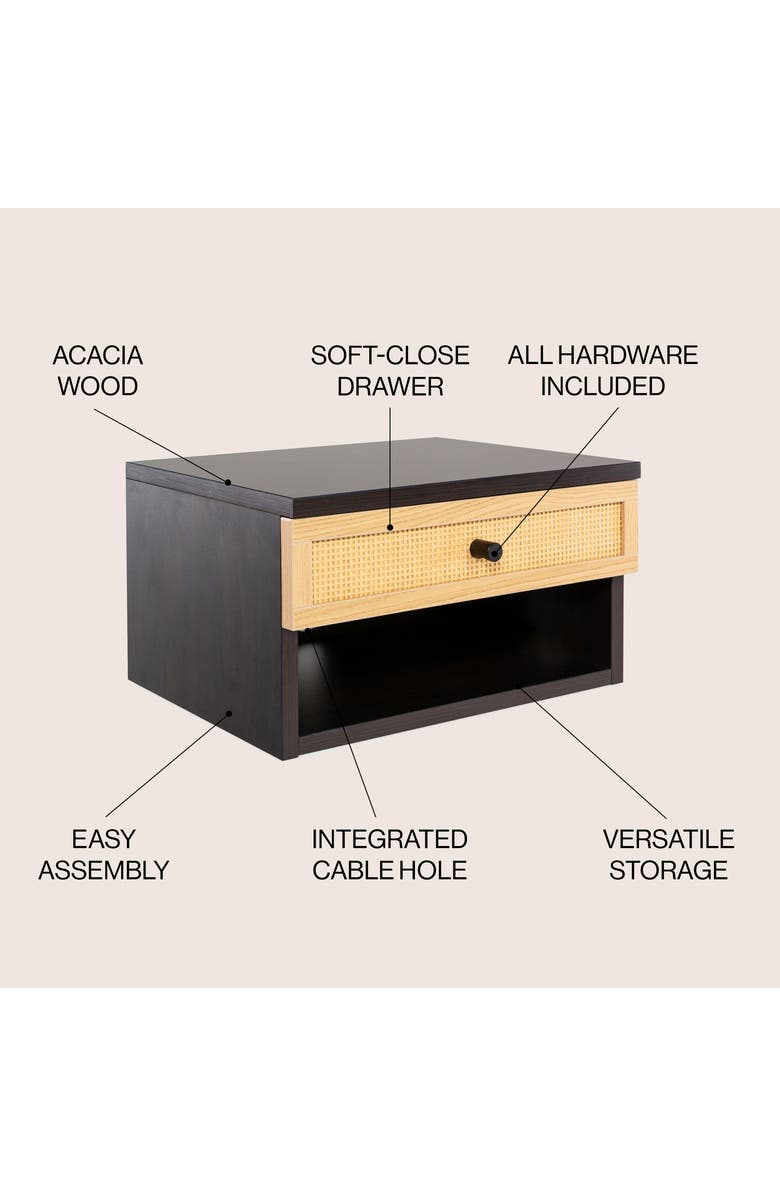 JONATHAN Y Celerie Mid-Century Modern Floating Wall Mounted Nightstand with Soft-Close Rattan Drawer and Cable Hole, Alternate, color, Black/Light Oak