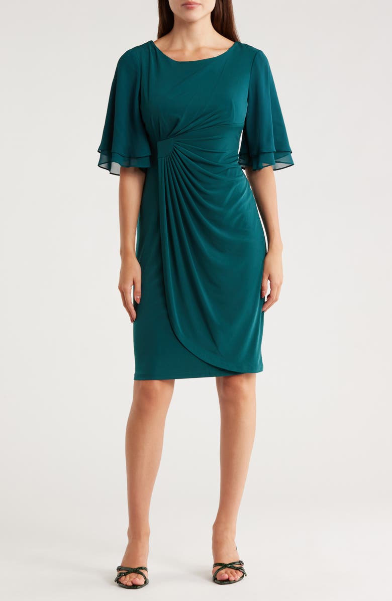 Connected Apparel Ruffle Sleeve Sheath Dress, Main, color, Deep Spruce