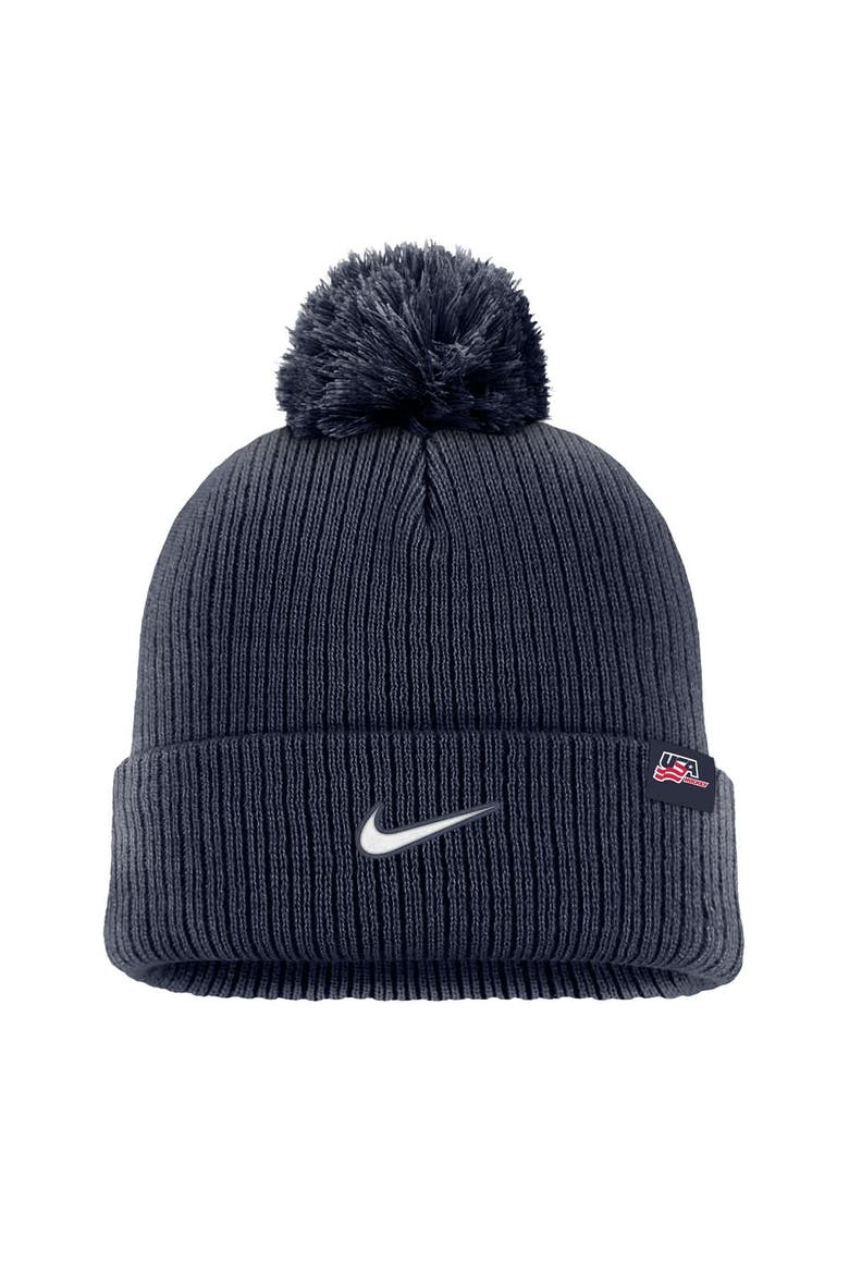 Men's Nike Navy US Hockey Peak Cuffed Knit Hat with Pom, Alternate, color, Navy