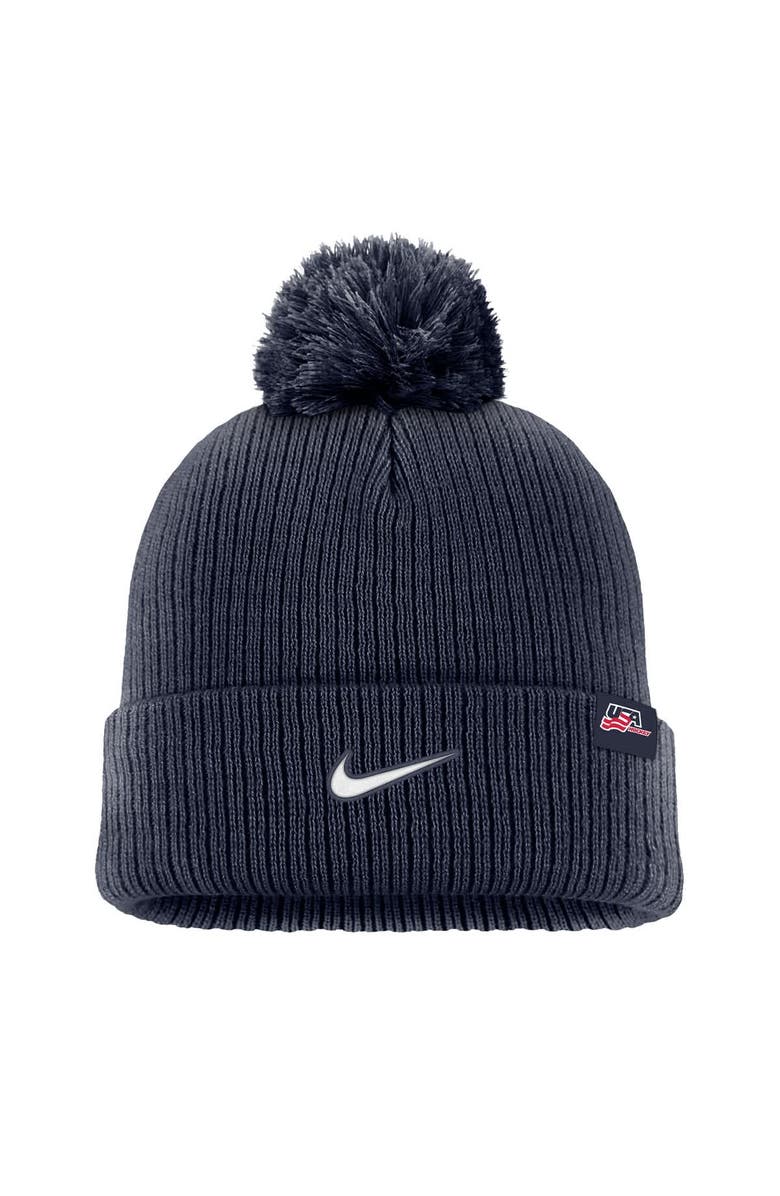 Nike Men's Nike Navy US Hockey Peak Cuffed Knit Hat with Pom, Alternate, color, Navy