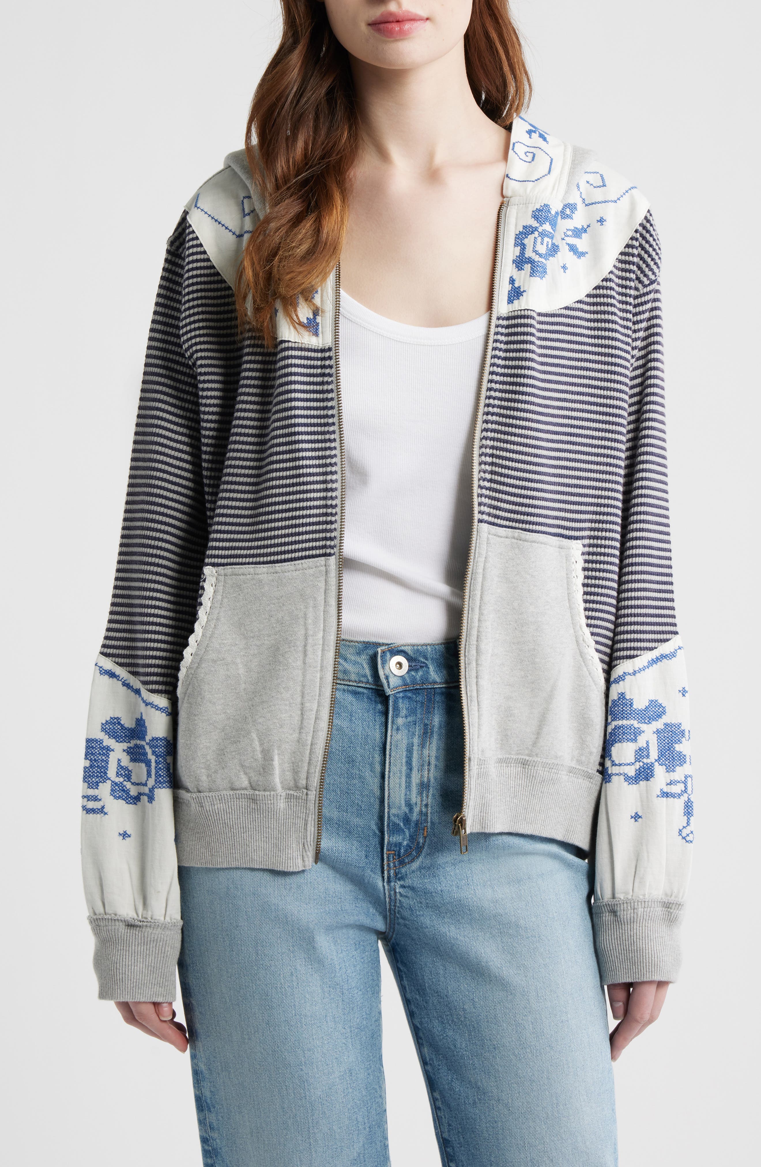 Free People Lydia Mixed Media Zip-Up Hooded Sweater