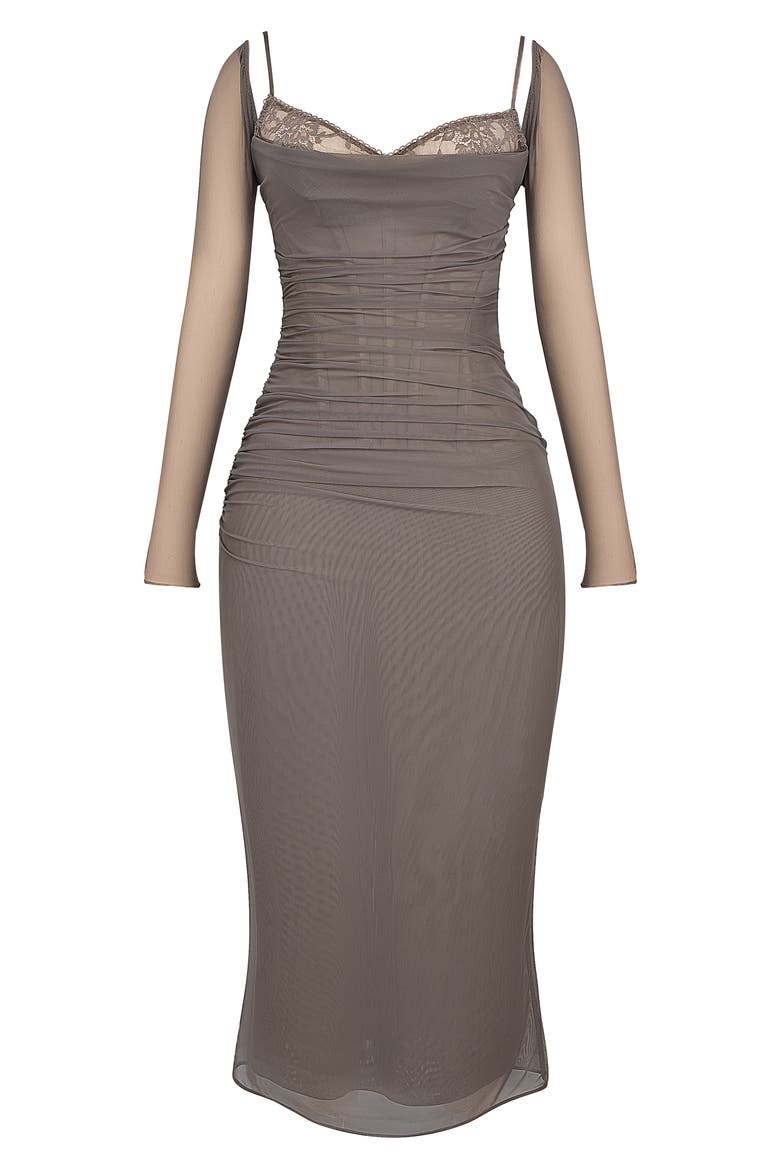 Katrina Lace Mesh Long Sleeve Gown, Alternate, color, PEBBLE GREY