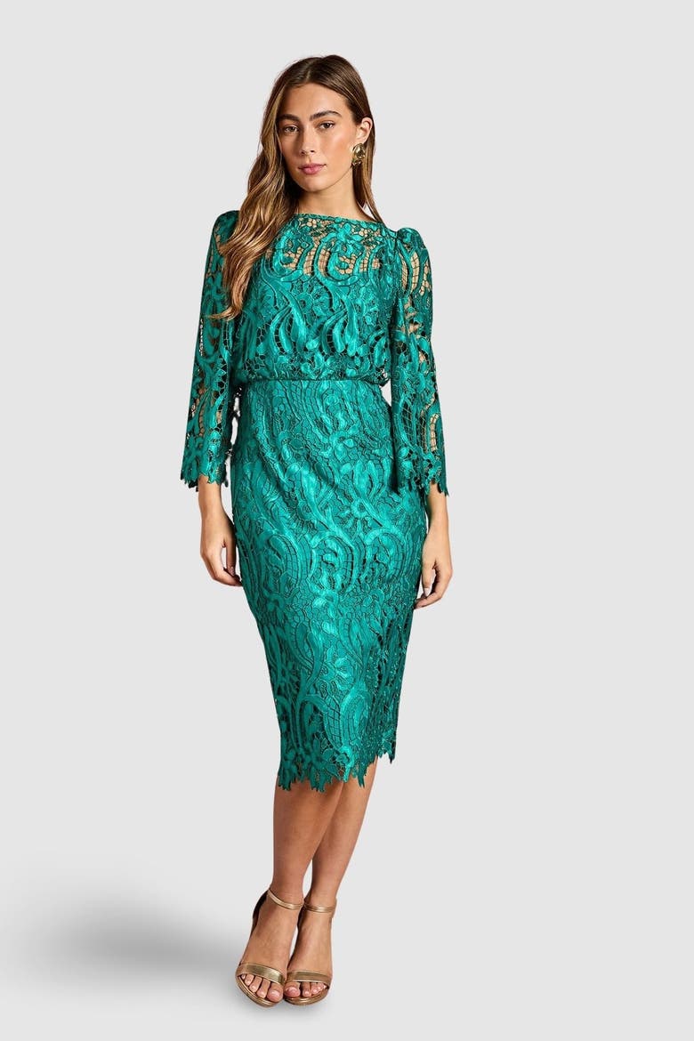 Satin Lace Boat Neck Midi Dress, Main, color, Emerald