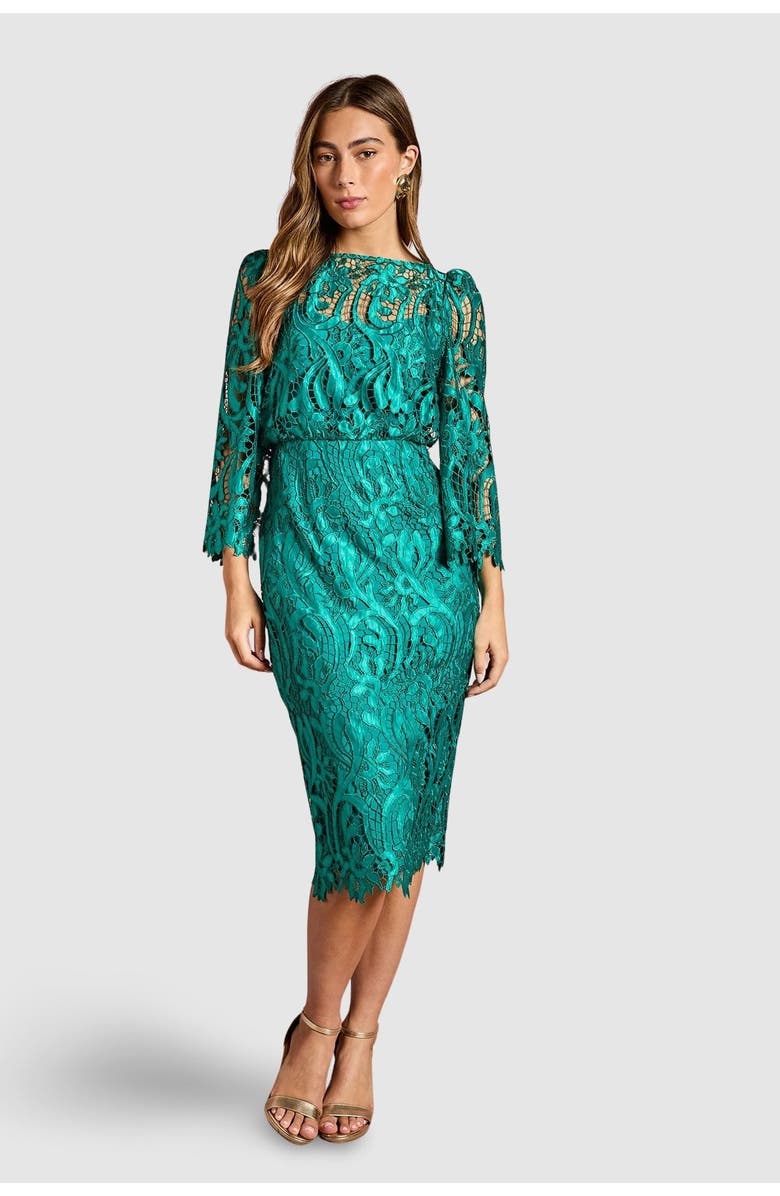 Coast Satin Lace Boat Neck Midi Dress, Main, color, Emerald