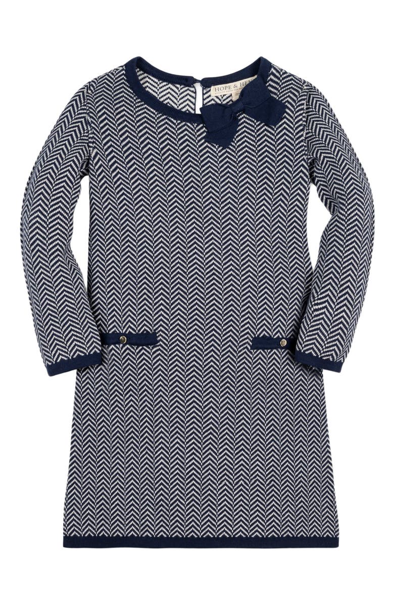 Hope & Henry Baby Girls' Organic Bow Sweater Dress, Infant, Main, color, Navy Herringbone