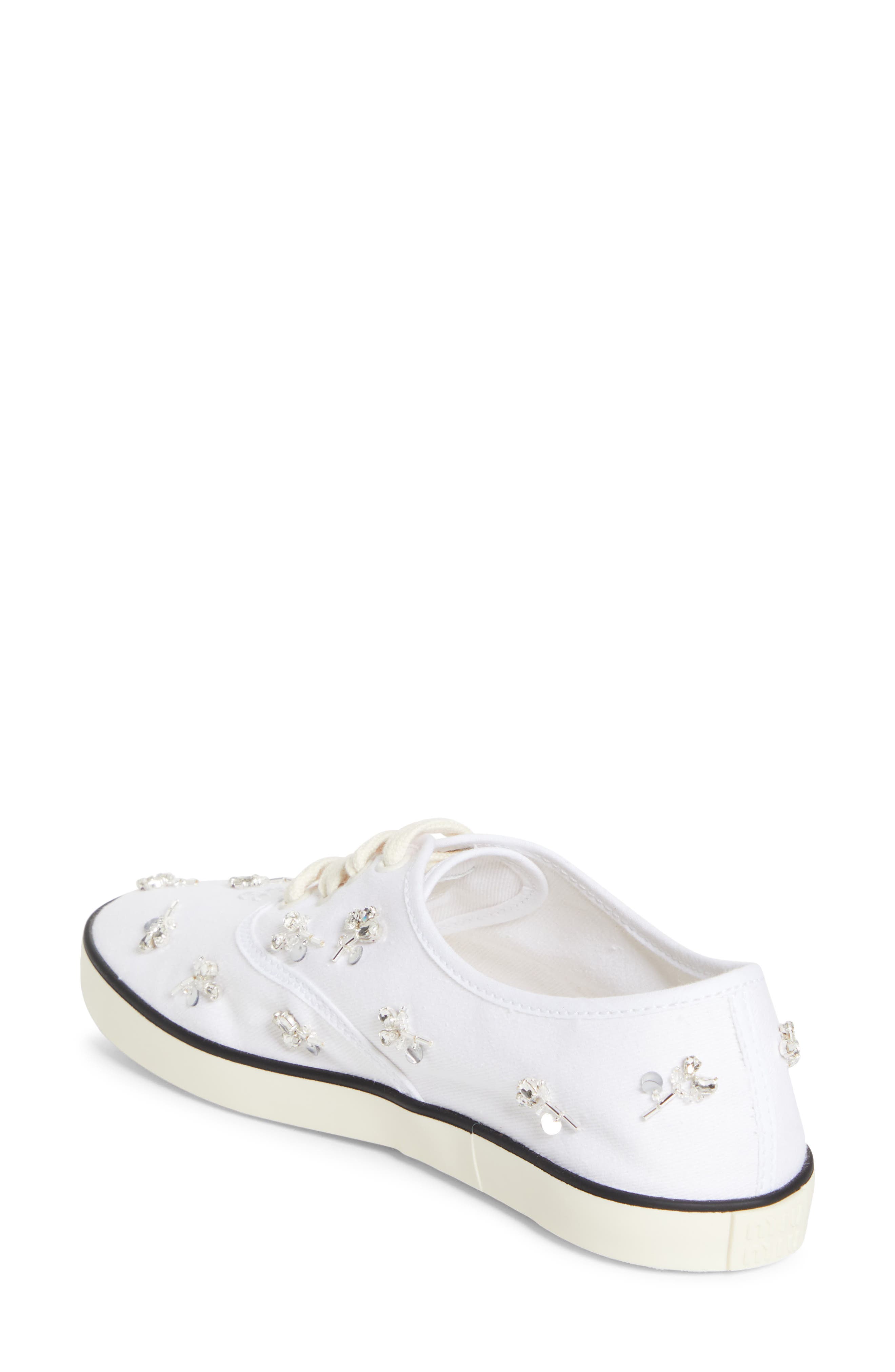 Miu Miu Crystal Embellished Low Top Canvas Sneaker, Alternate, color, White