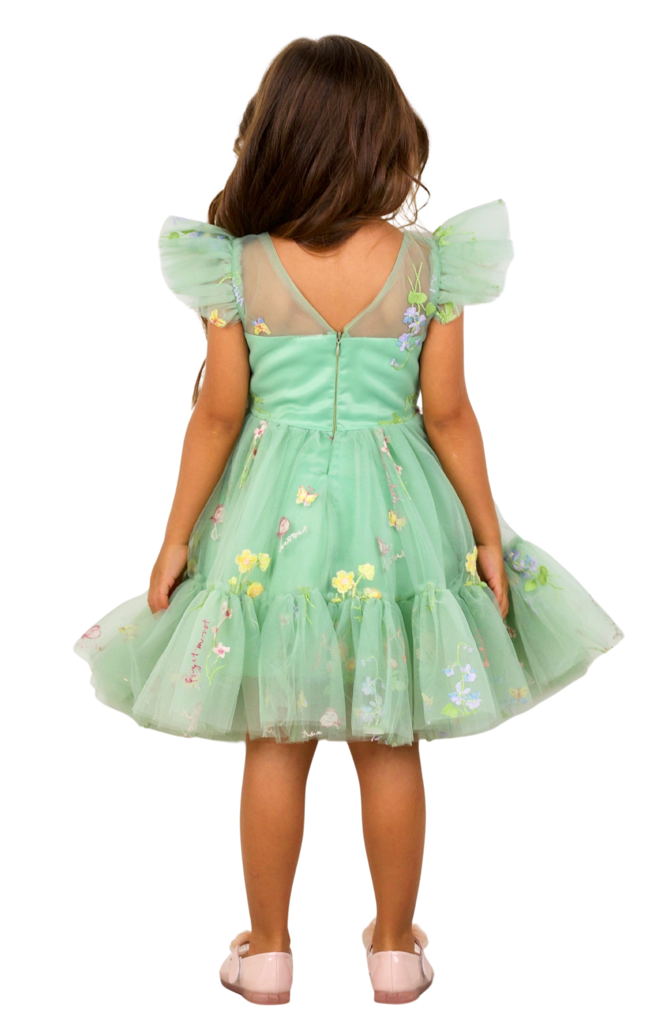 Girls Emerald Fairy Garden Embroidered Floral Tutu Dress (Women