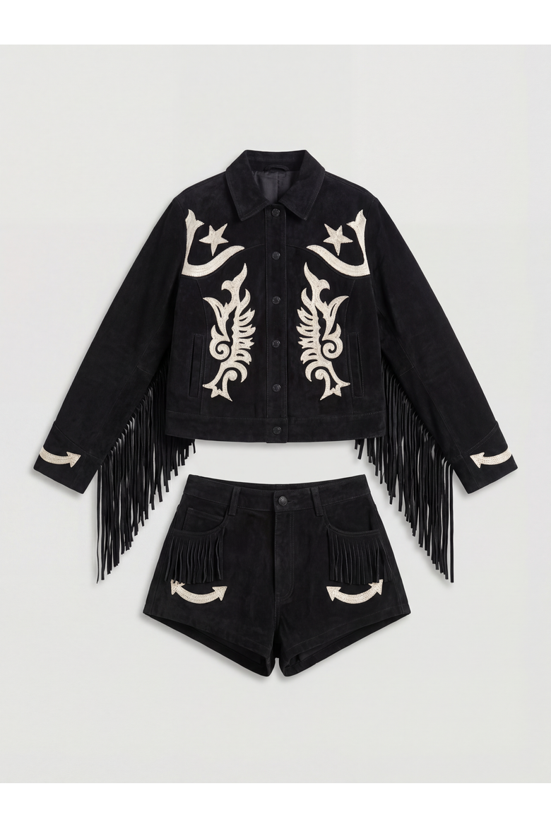 Real Suede Western Embroidered Shorts, Alternate, color, Black