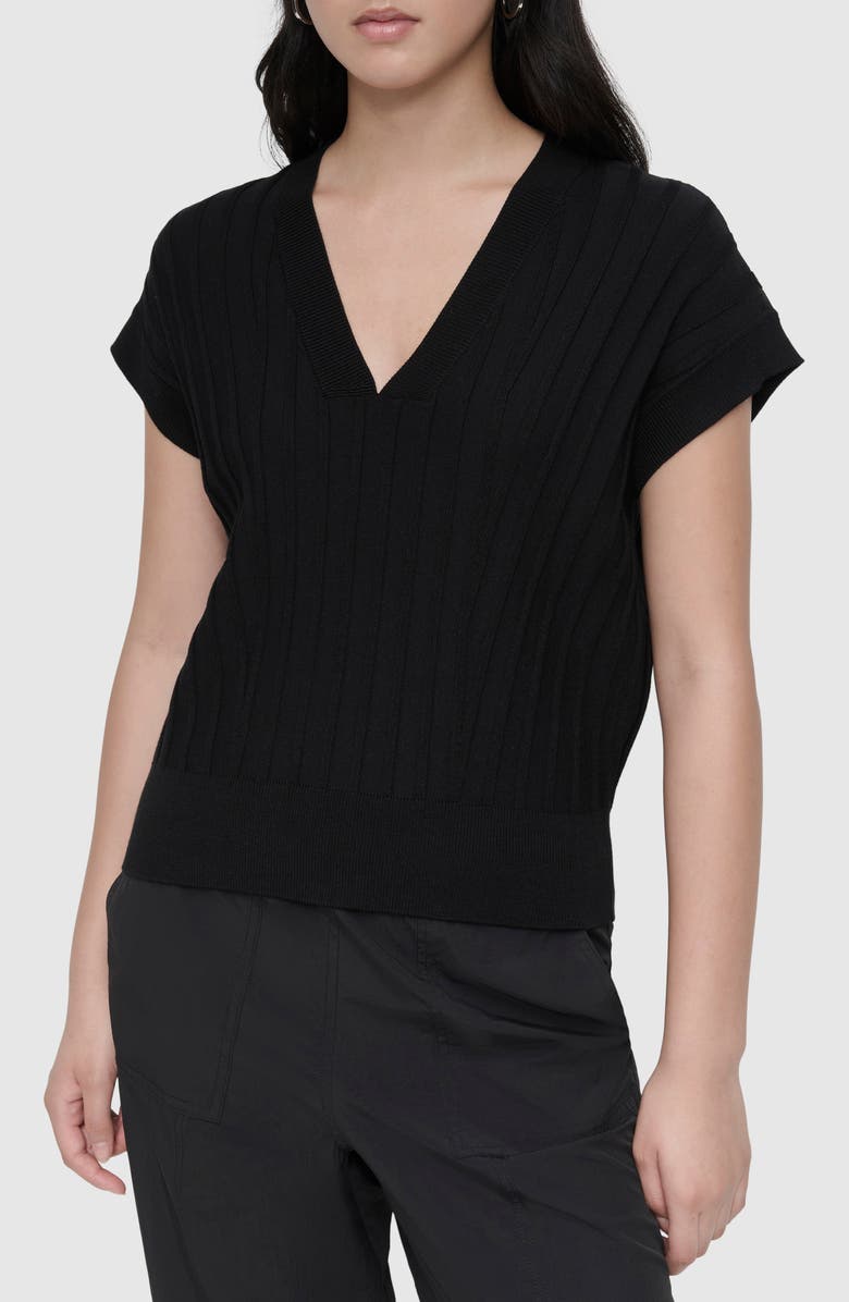 DKNY Rib Short Sleeve Sweater, Main, color, Black