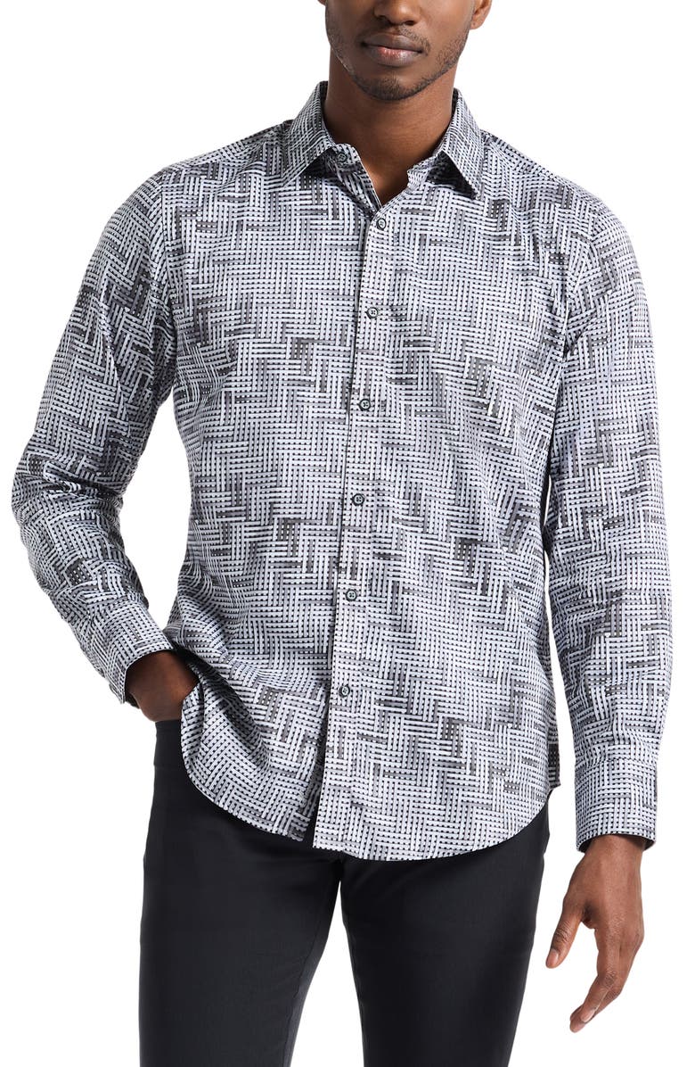 Robert Graham Berkley Geo Pattern Stretch Cotton Button-Up Shirt, Main, color, Light Grey