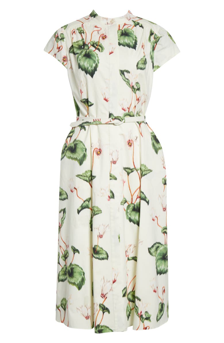Oscar de la Renta Chine Cyclamen Cap Sleeve Poplin Dress, Main, color, White/ Ivory