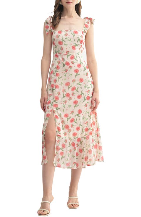 Tie Shoulder Front Slit Midi Dress