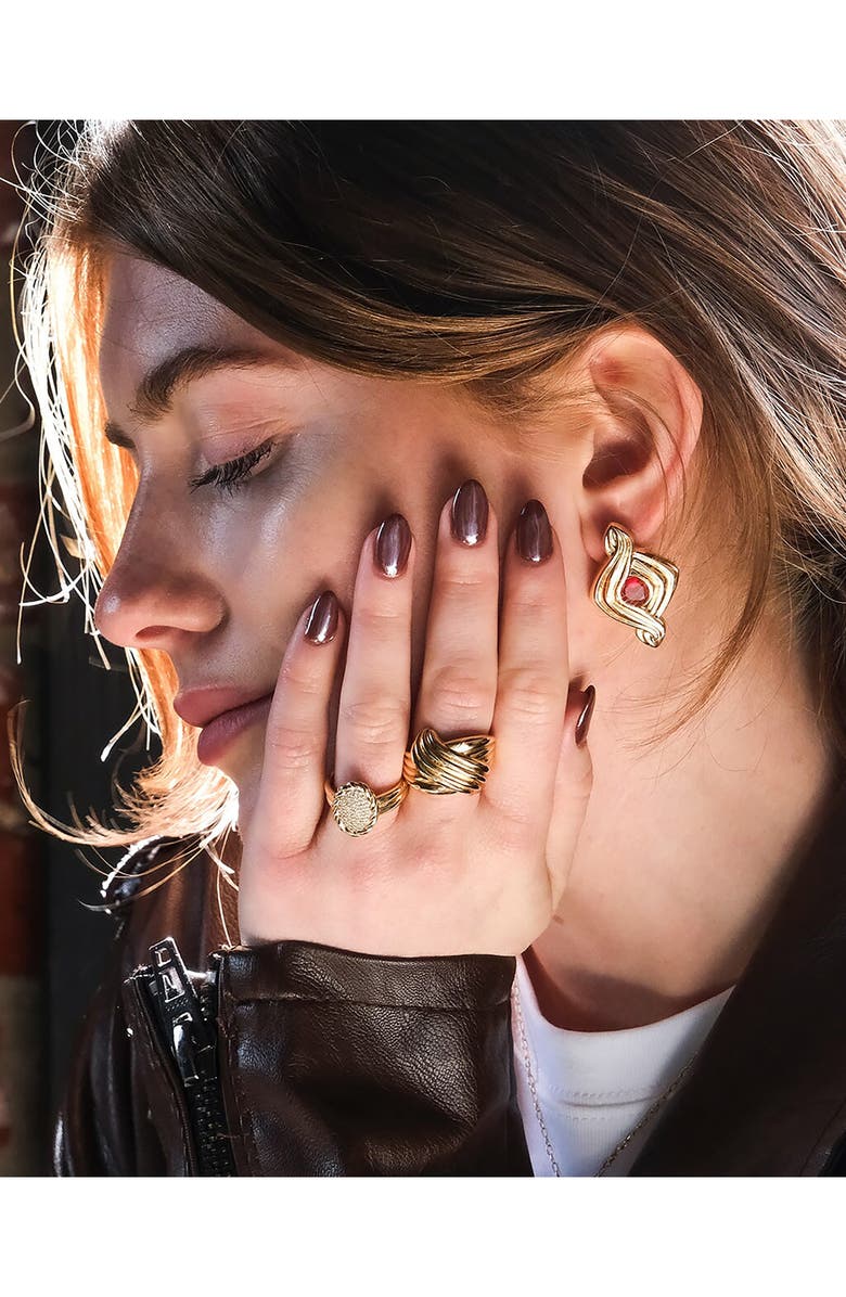 Sterling Forever Galette Pavé Cubic Zirconia Signet Ring, Alternate, color, Gold