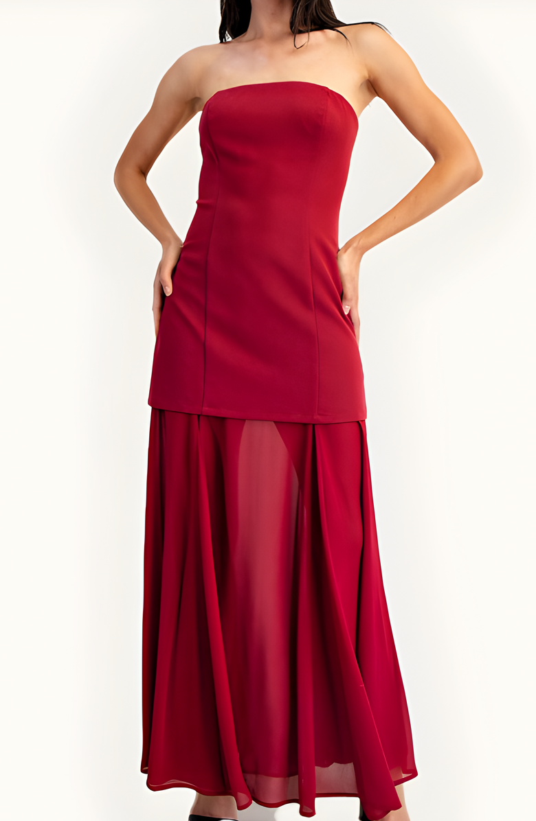 Modenaire Strapless Evening Gown with Sheer Panel Skirt and Fitted Bodice, Alternate, color, Red